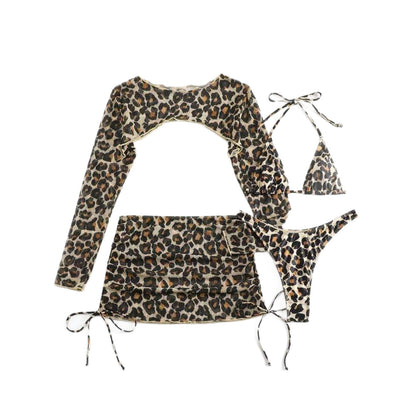 European And American Leopard-Print Lace-Up Sexy Two-Piece Four-Piece Swimsuit