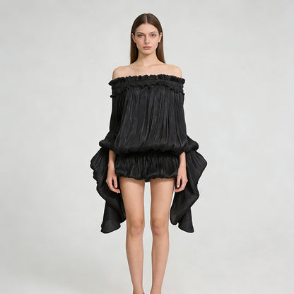Elegant Off-the-shoulder Short Skirt With Fluttering Straps And A Tie-detail Design