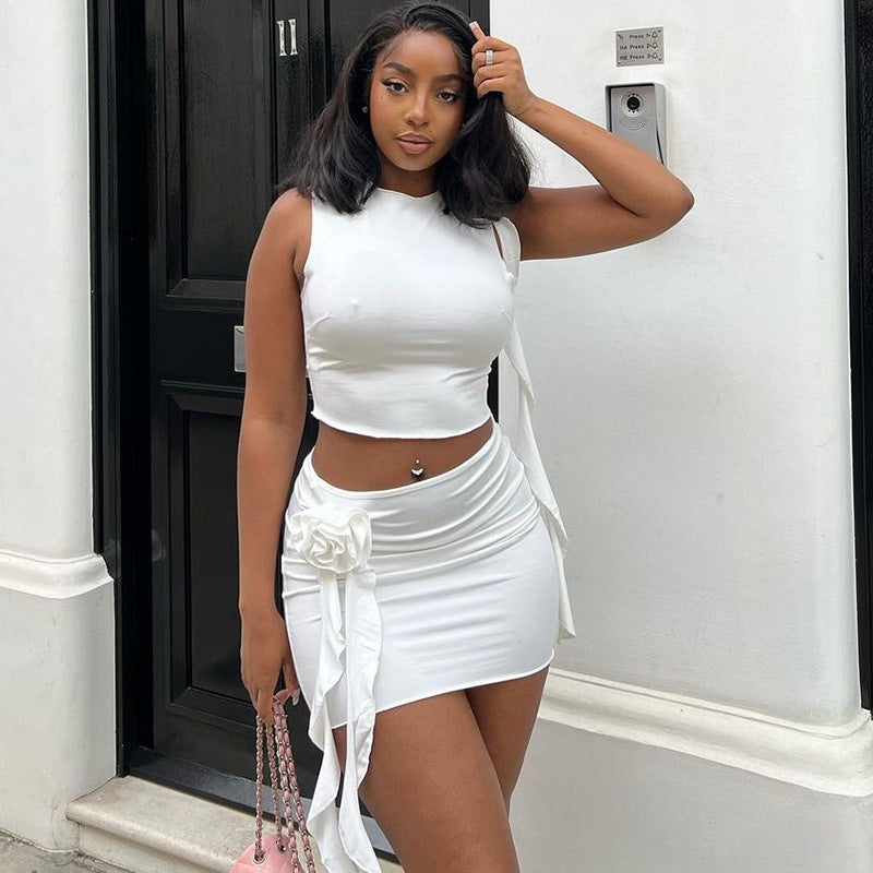 Round-neck Top And Mini Skirt Two-piece Set