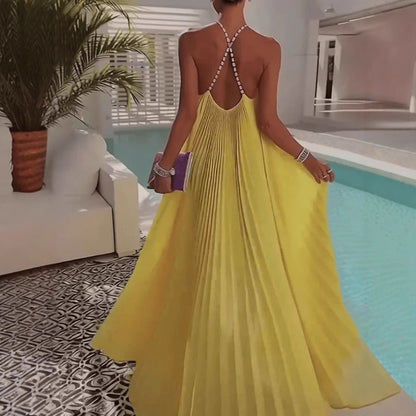 Womens Strapless Backless Pleated Maxi V-Neck Dress