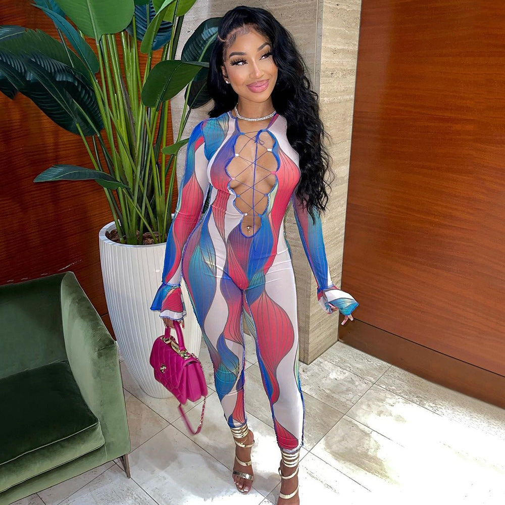 Fashion Sexy Printed Mesh See-Through Strap Long-Sleeved Jumpsuit