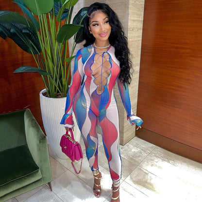 Fashion Sexy Printed Mesh See-Through Strap Long-Sleeved Jumpsuit