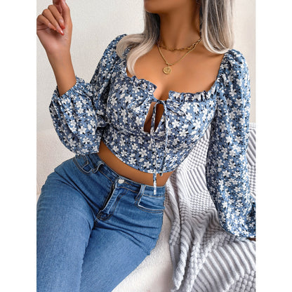 Women  Sexy Ruffle Trim Tie Floral Print Chiffon Crop Top