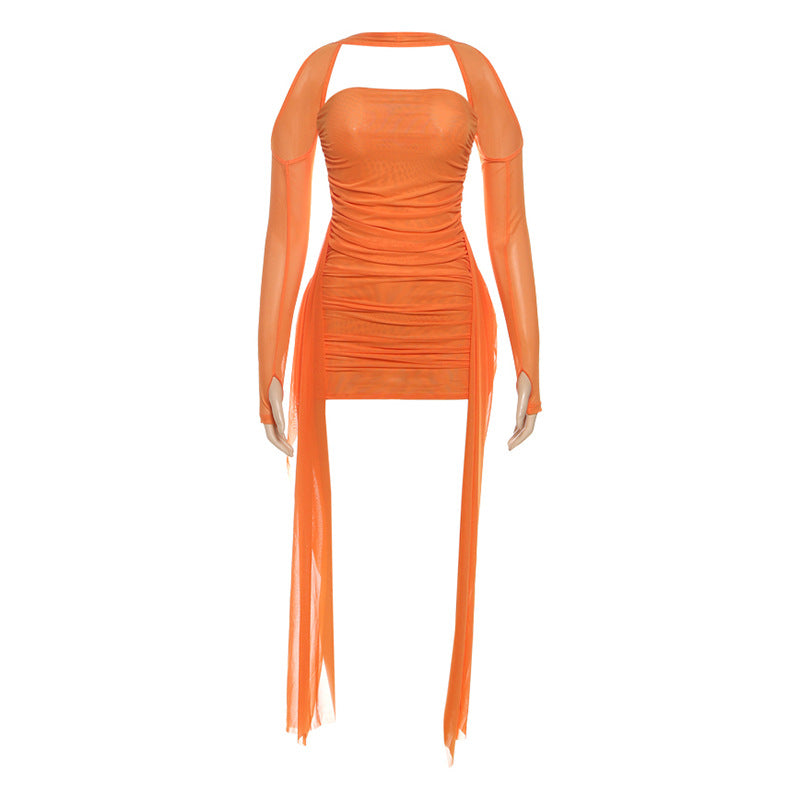 Women's Halter Neck Ruffle Dress with Scarf