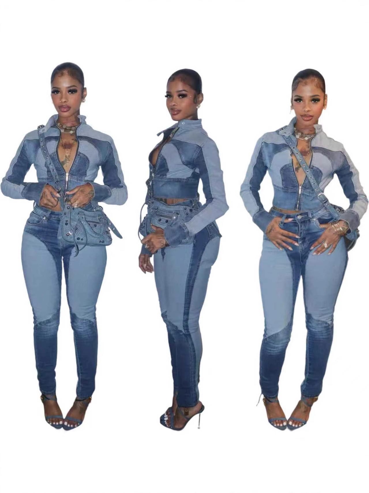 High Elastic Stitching Contrast Color Washed Denim Casual Suit Two-piece Set