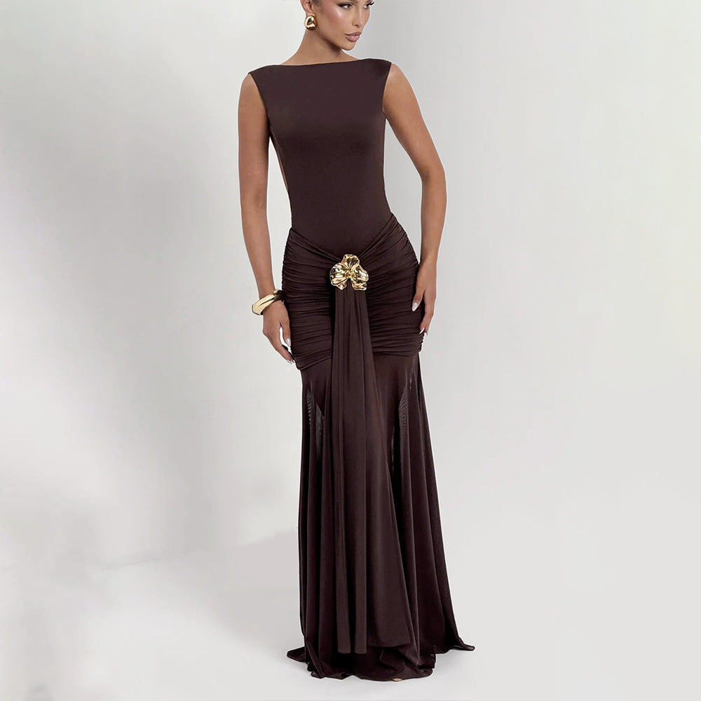 Women's Solid Color Sleeveless Backless Split Waist Dress