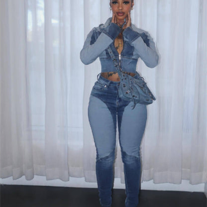 High Elastic Stitching Contrast Color Washed Denim Casual Suit Two-piece Set