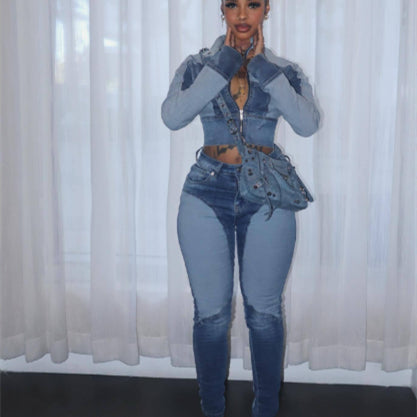 High Elastic Stitching Contrast Color Washed Denim Casual Suit Two-piece Set