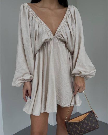 V-neck Lantern Sleeve Dress Fashion Loose Long-sleeved Dresses For Women Clothing