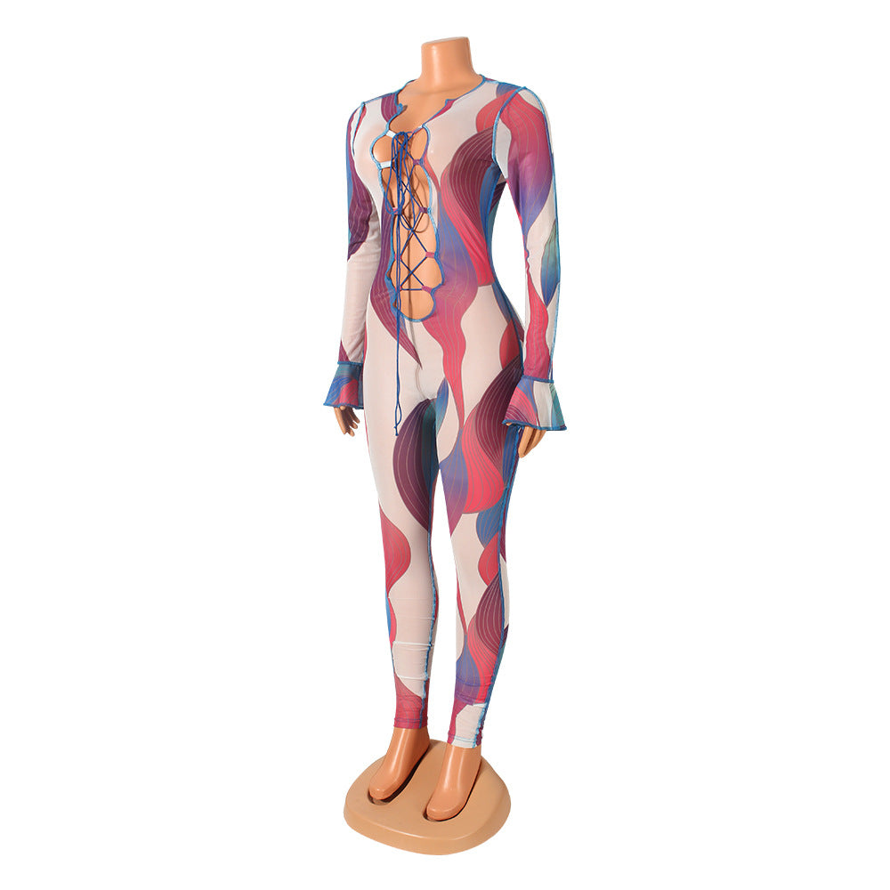 Fashion Sexy Printed Mesh See-Through Strap Long-Sleeved Jumpsuit