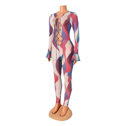 Fashion Sexy Printed Mesh See-Through Strap Long-Sleeved Jumpsuit