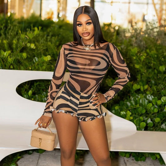 New Women's Clothing Mesh Floral Print Suit