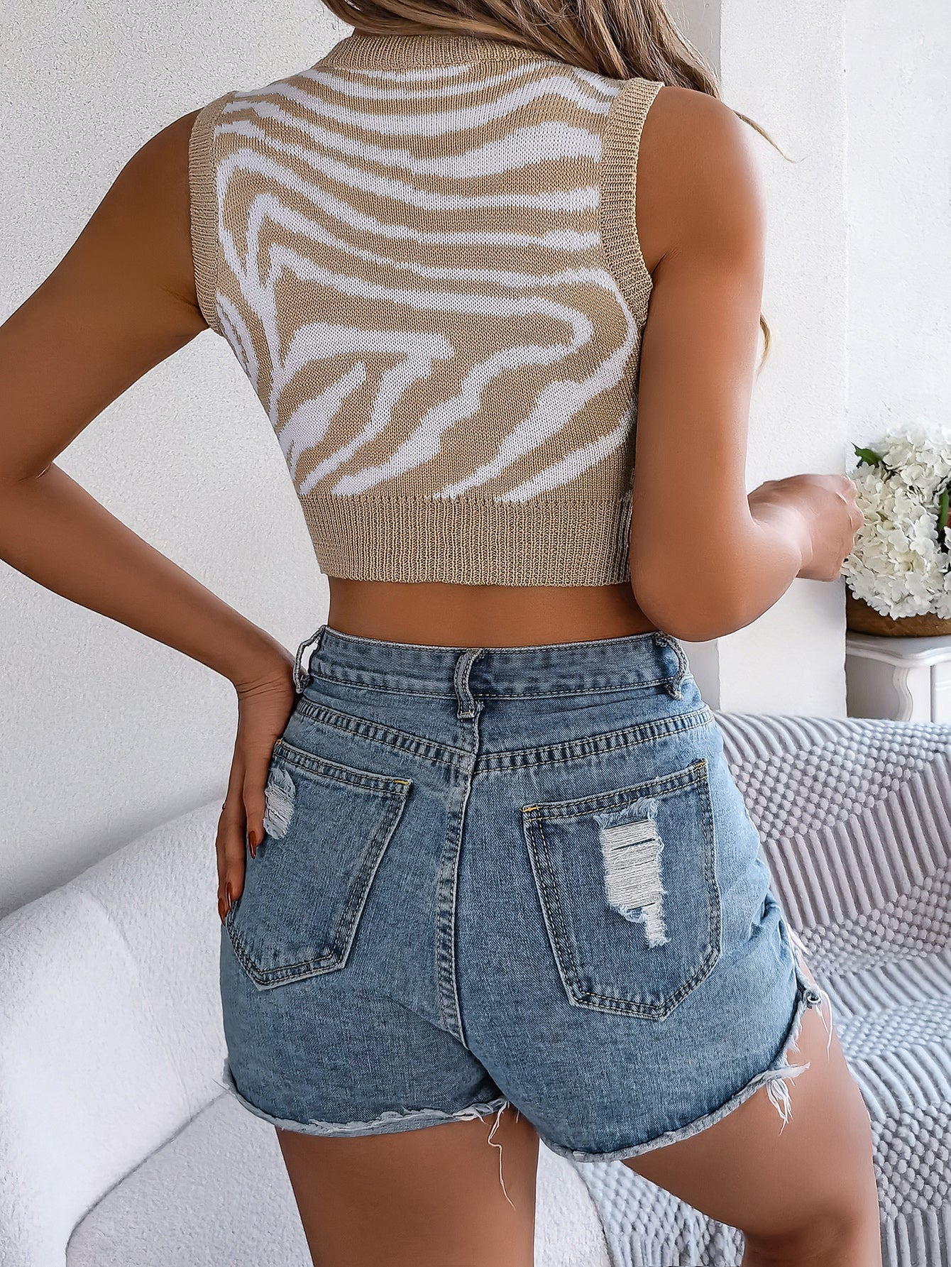 Women S Color Block Zebra Print Hollow Out Cropped Knit  Vacation Top