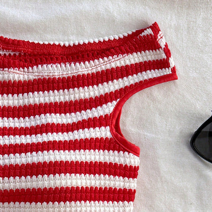 Vacation Style Striped Vest Hip-wrapped Short Suit