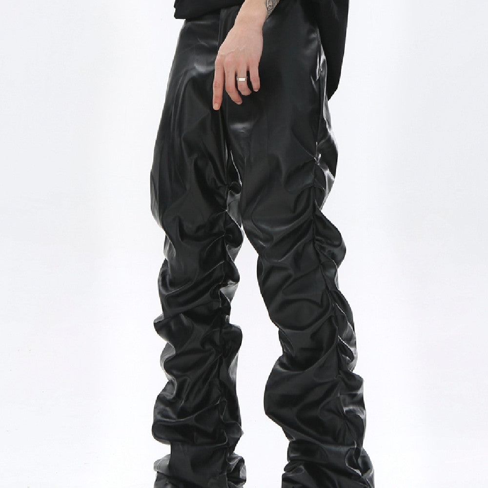 Black Pleated Casual Leather Pants