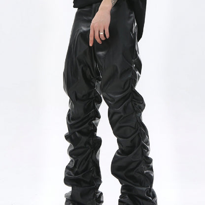Black Pleated Casual Leather Pants