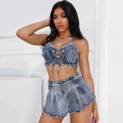 High-waisted denim shorts for women