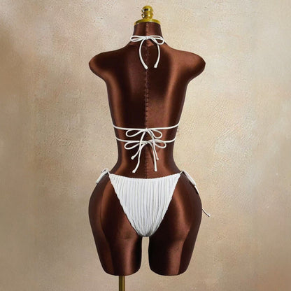 Sexy Halter Split Pleated Cutout Lace-up Bikini Swimsuit