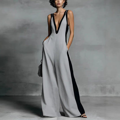 Sleeveless Womens V-Neck Contrasting Color Wide-Leg Jumpsuit