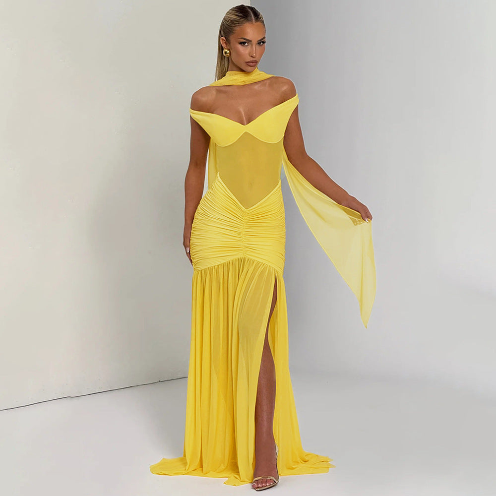 Mesh Pleated Slit Dress