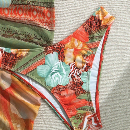 European And American-style Three-Piece Apron Bikini Flower-Printed Lace-Up Womens Swimsuit