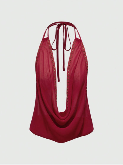 Solid-color Top With Studs Sexy Womens Clothing