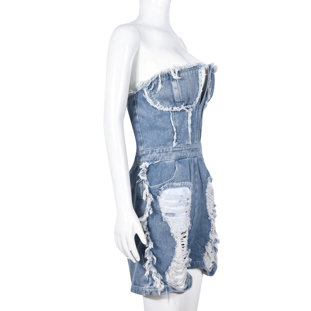 Hollow-out Ripped Zipper Short Chest Wrap Denim Jumpsuit Women