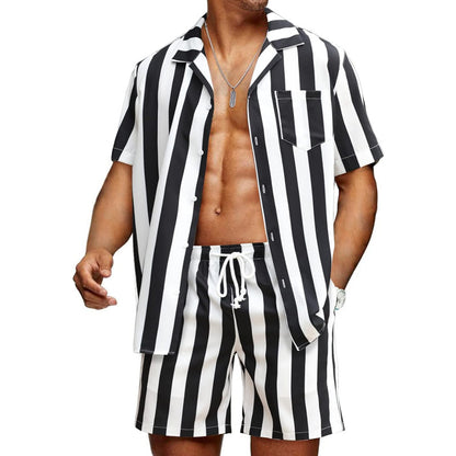 Men's Fashion Casual Striped Printed Short Sleeve Shirt Shorts Suit