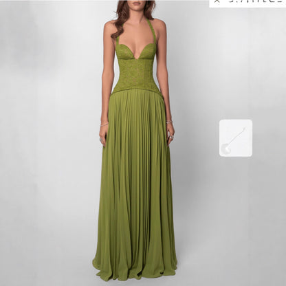 Womens Fashion Backless Halter-neck Low-cut Plunging Pleated Dress