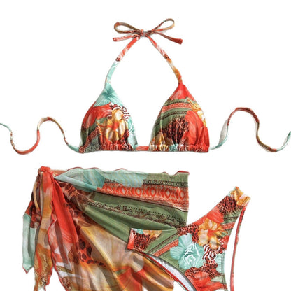 European And American-style Three-Piece Apron Bikini Flower-Printed Lace-Up Womens Swimsuit