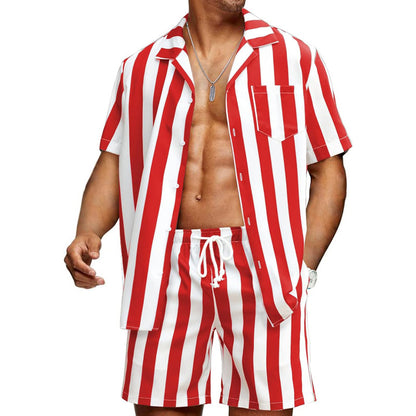Men's Fashion Casual Striped Printed Short Sleeve Shirt Shorts Suit