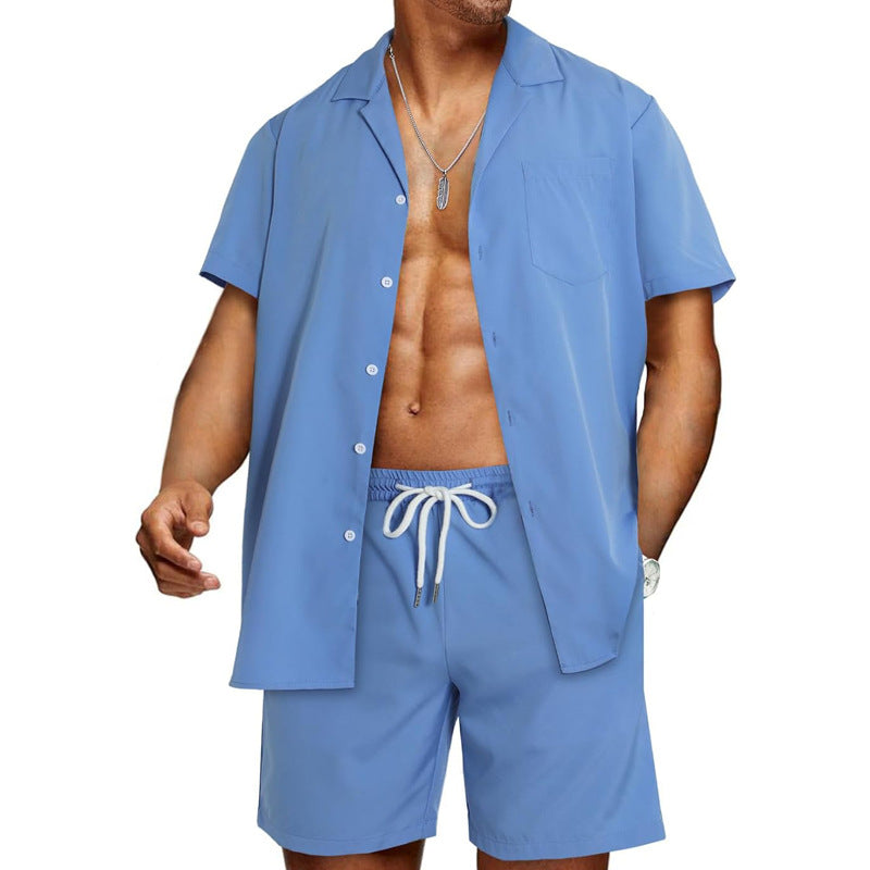 Men's Fashion Casual Striped Printed Short Sleeve Shirt Shorts Suit