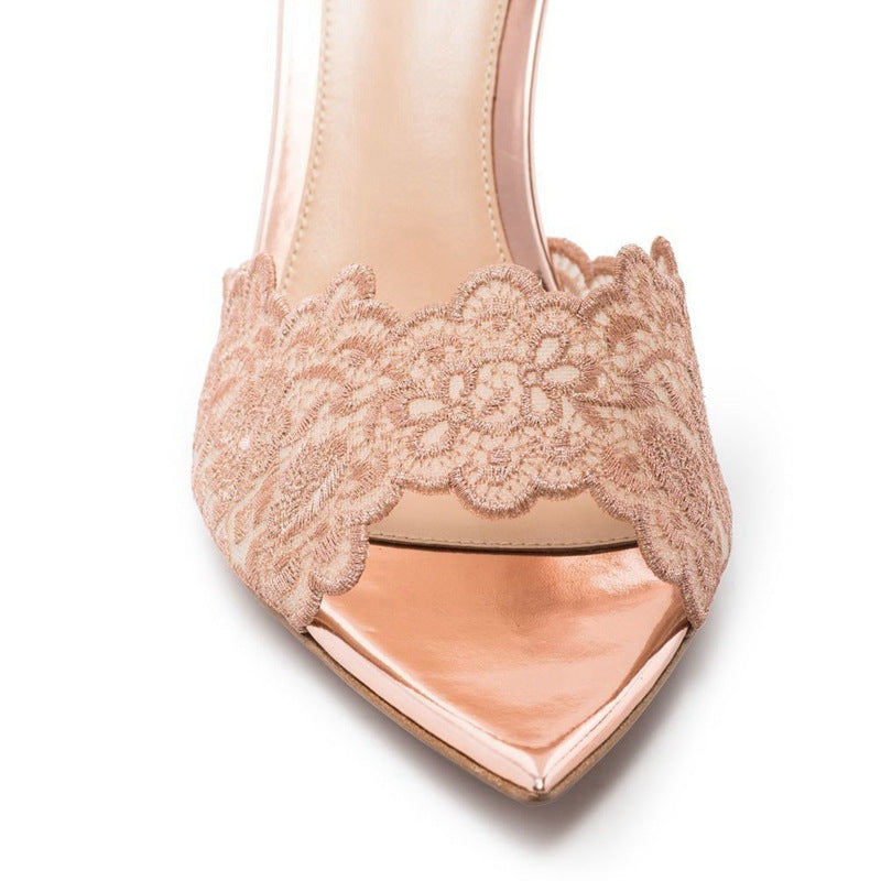 Pointed-toe Stiletto Heel Lace Slippers