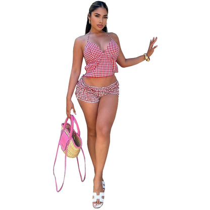 Summer Halter Pleated  Plaid Pants Suit Women