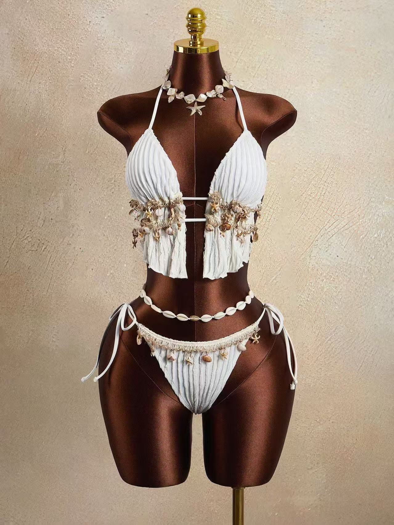 Sexy Halter Split Pleated Cutout Lace-up Bikini Swimsuit