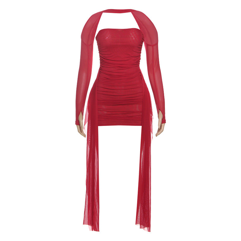 Women's Halter Neck Ruffle Dress with Scarf
