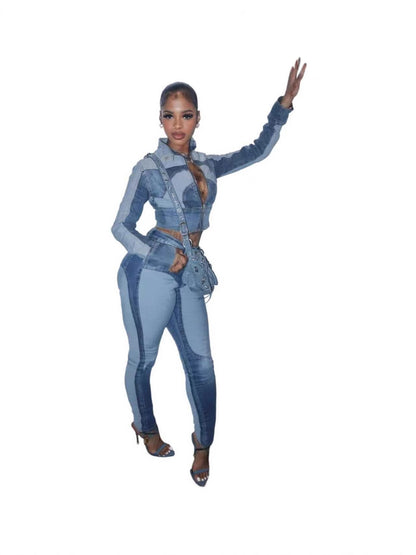 High Elastic Stitching Contrast Color Washed Denim Casual Suit Two-piece Set