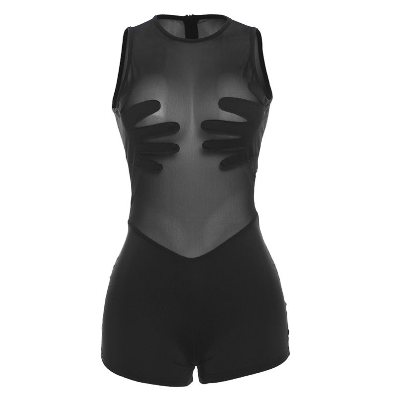 Mesh See-through Stitching High Waist Sleeveless Tight One-piece Shorts For Women