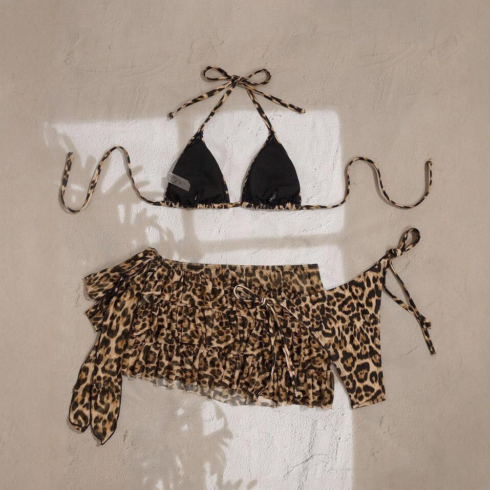 Bikini Three-piece Swimsuit Lace-up Pleated Skirt Two-piece Swimwear Set