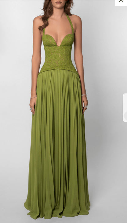 Womens Fashion Backless Halter-neck Low-cut Plunging Pleated Dress