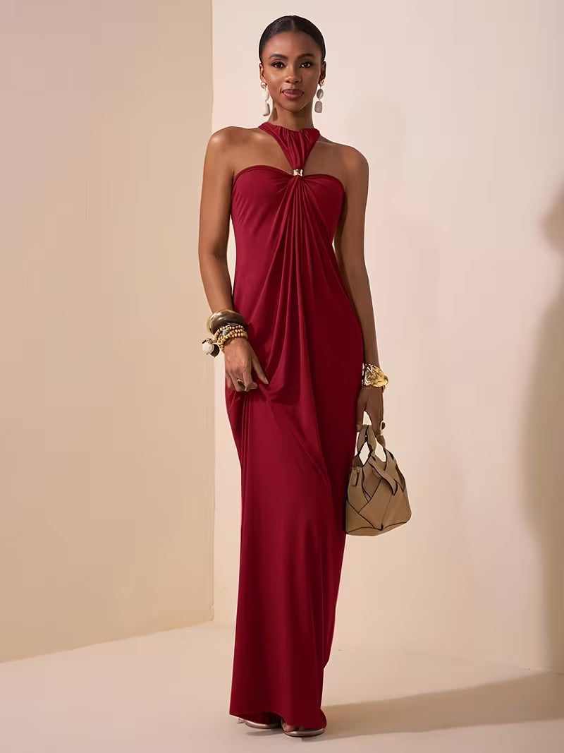 Womens Solid-Colored Halterneck Sleeveless Backless Slim-Fit Dress
