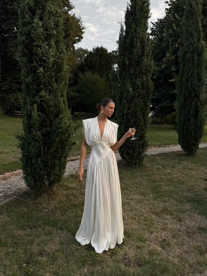 Womens V-neck Cinched-waist Slit Maxi Dress