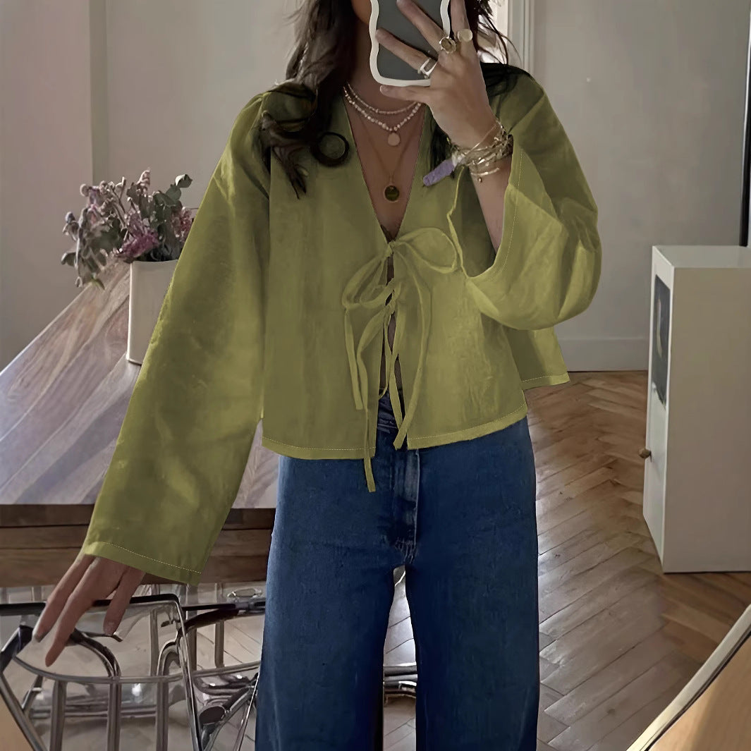 V-neck tie solid color stylish commuter shirt for women
