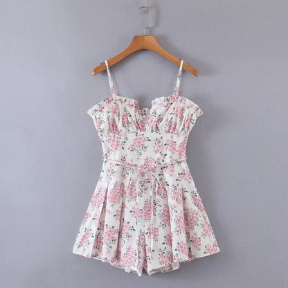 Slim-fit Pink Flower Suspender Jumpsuit Women
