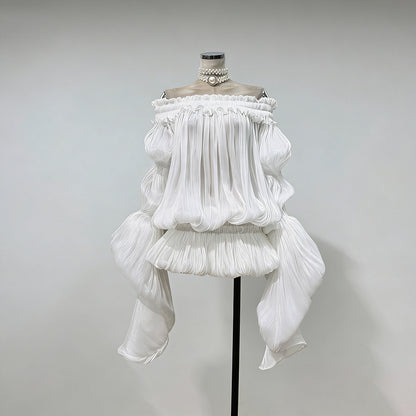 Elegant Off-the-shoulder Short Skirt With Fluttering Straps And A Tie-detail Design