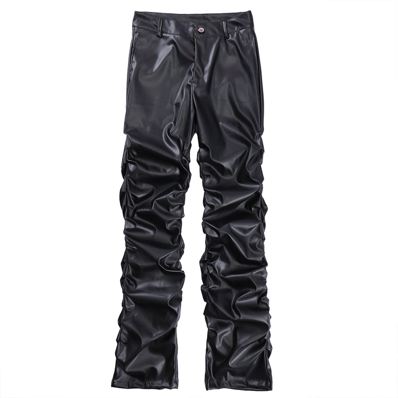 Black Pleated Casual Leather Pants
