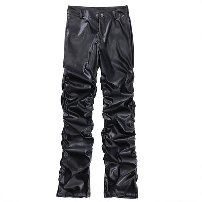 Black Pleated Casual Leather Pants