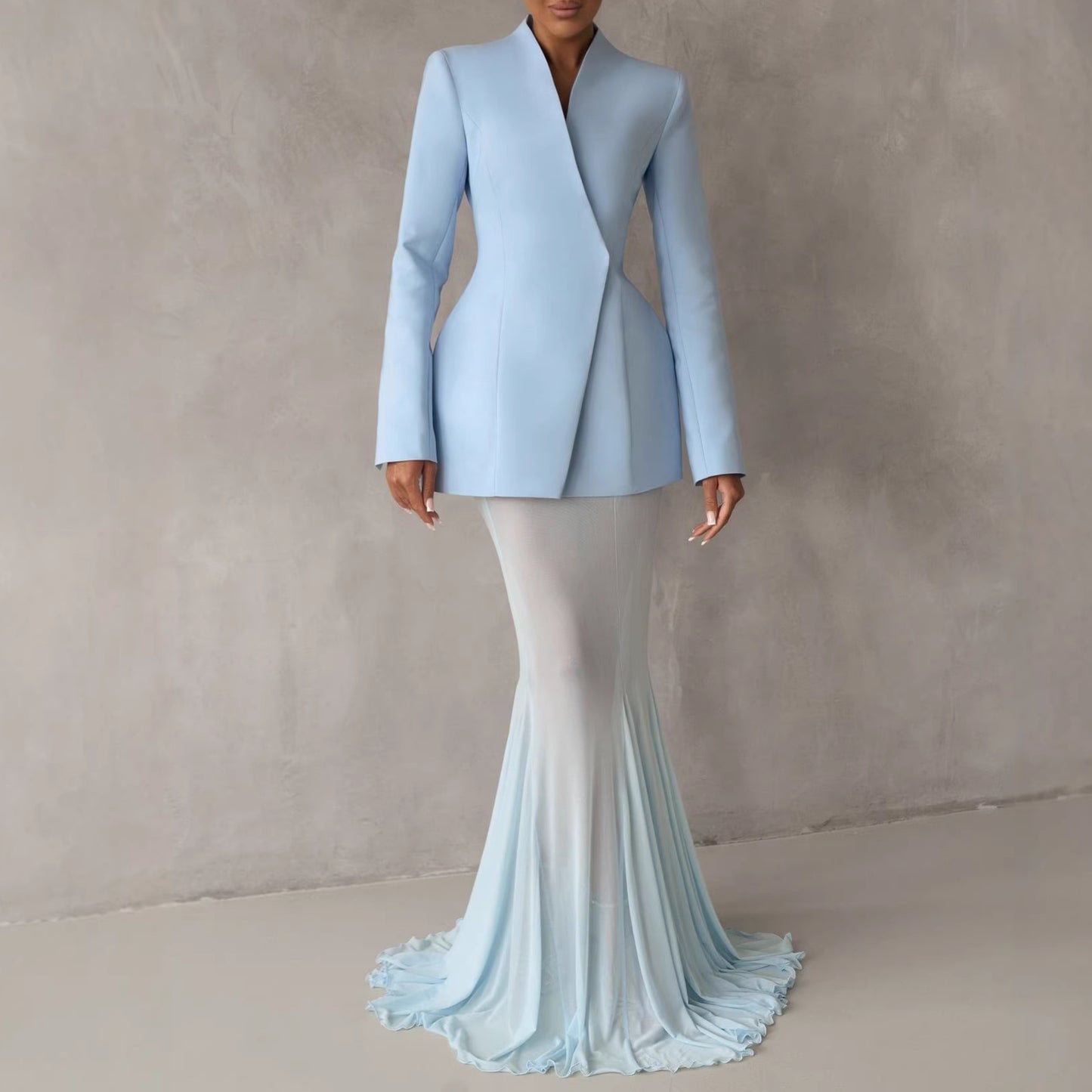 Women's Elegant Waist-Cinching Suit Jacket And Mesh Skirt Set
