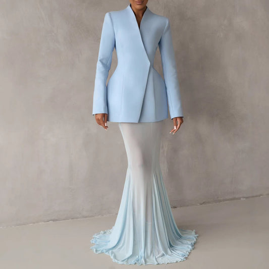 Women's Elegant Waist-Cinching Suit Jacket And Mesh Skirt Set