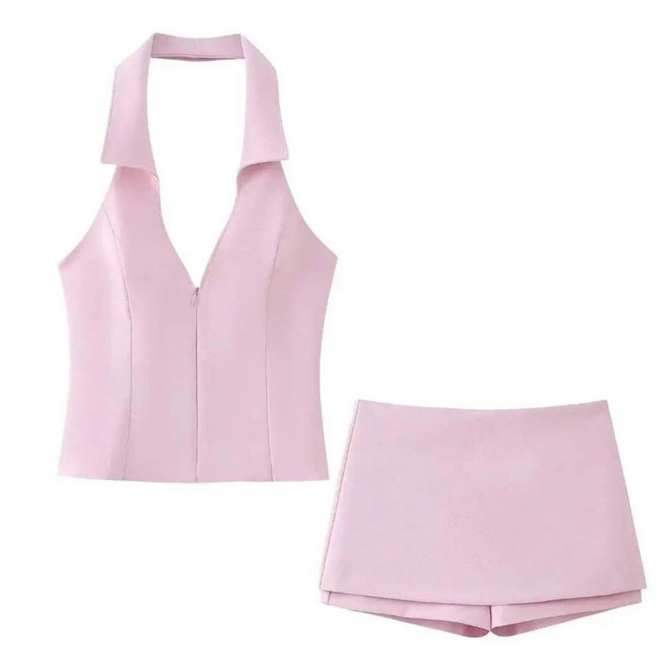 Zip-front Lapel-neck Short Vest And Shorts Set
